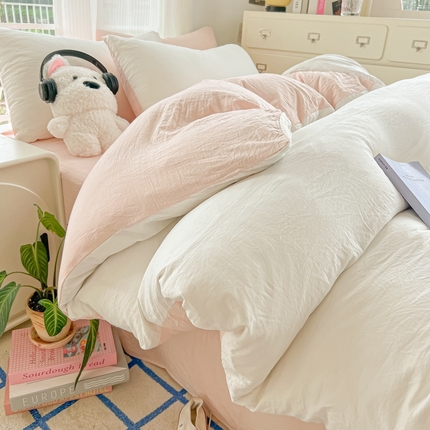 韩巢家纺 2025新款ins风超柔水洗棉四件套-纯色双拼系列（提供卖家秀） 水洗棉白浅粉