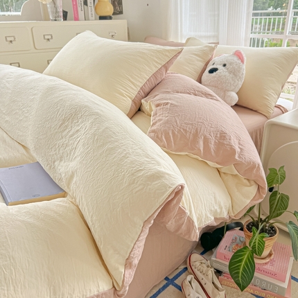 91家纺网 家纺一手货源 找家纺 （总）韩巢家纺 2025新款ins风超柔水洗棉四件套-纯色双拼系列（提供卖家秀）