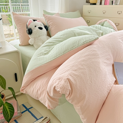 91家纺网 家纺一手货源 找家纺 （总）韩巢家纺 2025新款ins风超柔水洗棉四件套-纯色双拼系列（提供卖家秀）