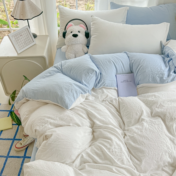 91家纺网 家纺一手货源 找家纺 韩巢家纺 2025新款ins风超柔水洗棉四件套-纯色双拼系列（提供卖家秀） 水洗棉白蓝