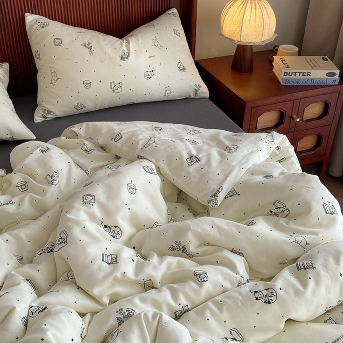 91家纺网 家纺一手货源 找家纺 仟网汇 2025新款有氧全棉双层纱四件套 幻想猫-黑