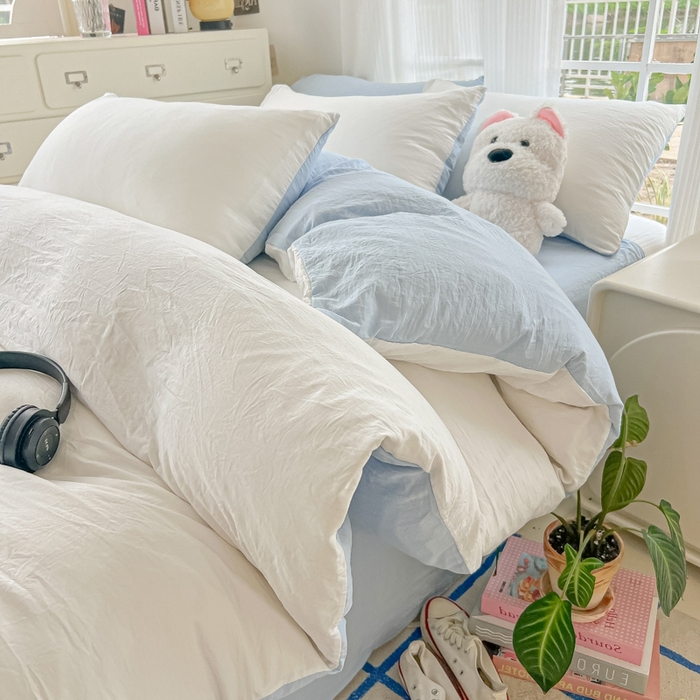 91家纺网 家纺一手货源 找家纺 韩巢家纺 2025新款ins风超柔水洗棉四件套-纯色双拼系列（提供卖家秀） 水洗棉白蓝