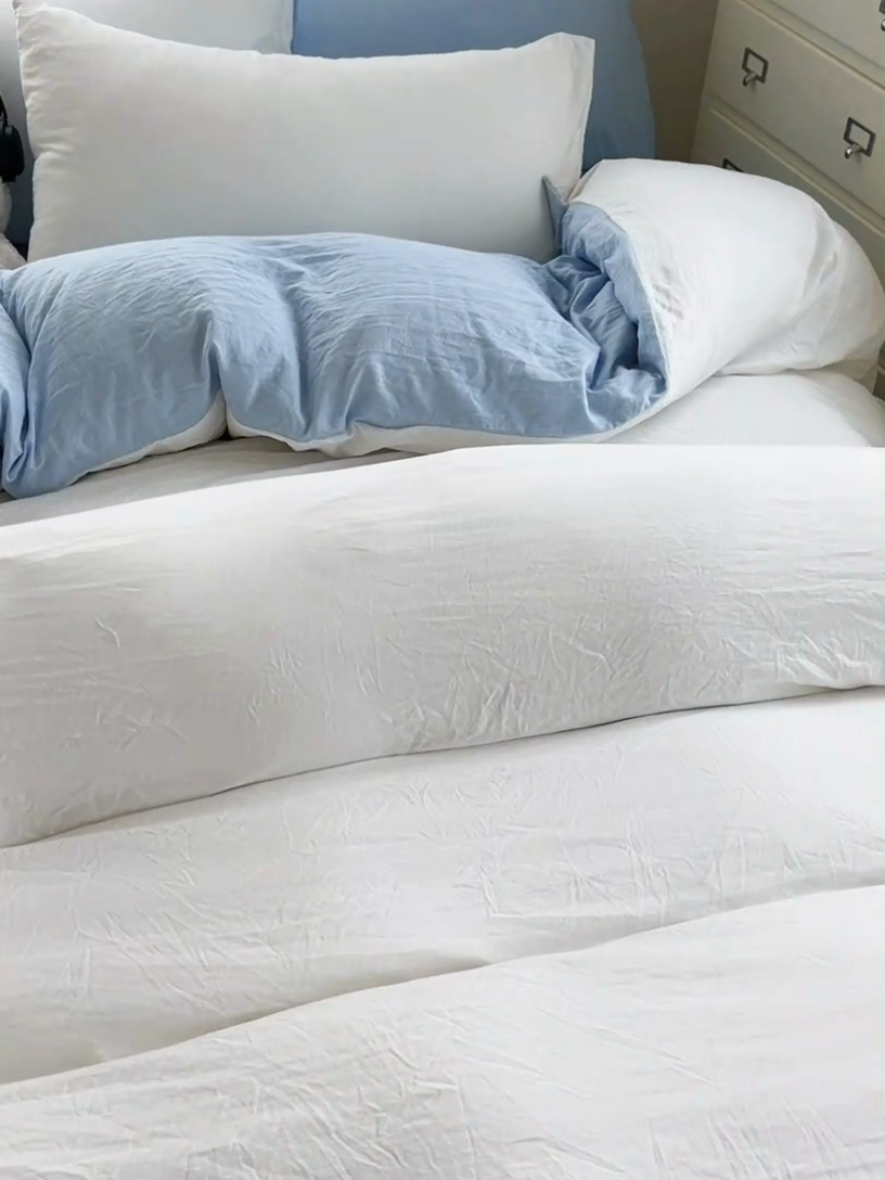 91家纺网 家纺一手货源 找家纺 韩巢家纺 2025新款ins风超柔水洗棉四件套-纯色双拼系列（提供卖家秀） 水洗棉白蓝