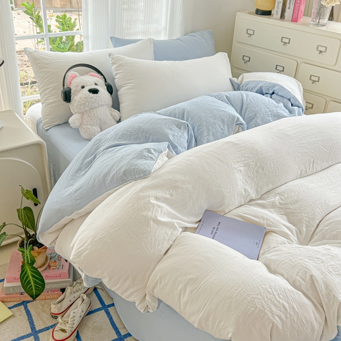 91家纺网 家纺一手货源 找家纺 韩巢家纺 2025新款ins风超柔水洗棉四件套-纯色双拼系列（提供卖家秀） 水洗棉白蓝