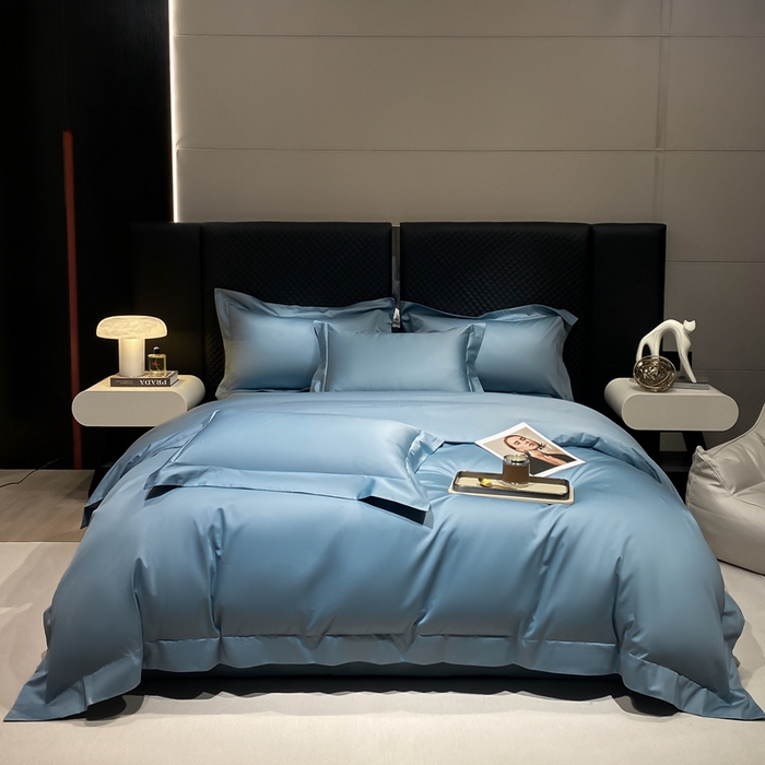 91家纺网 家纺一手货源 找家纺 星蕴家纺 2025新款纯色澳棉长绒棉摩卡系列四件套 摩卡宾利蓝