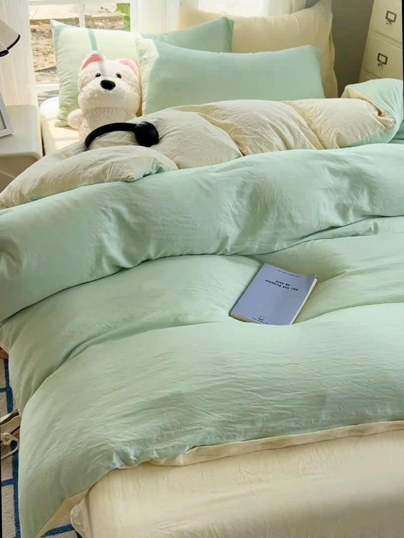 91家纺网 家纺一手货源 找家纺 （总）韩巢家纺 2025新款ins风超柔水洗棉四件套-纯色双拼系列（提供卖家秀）