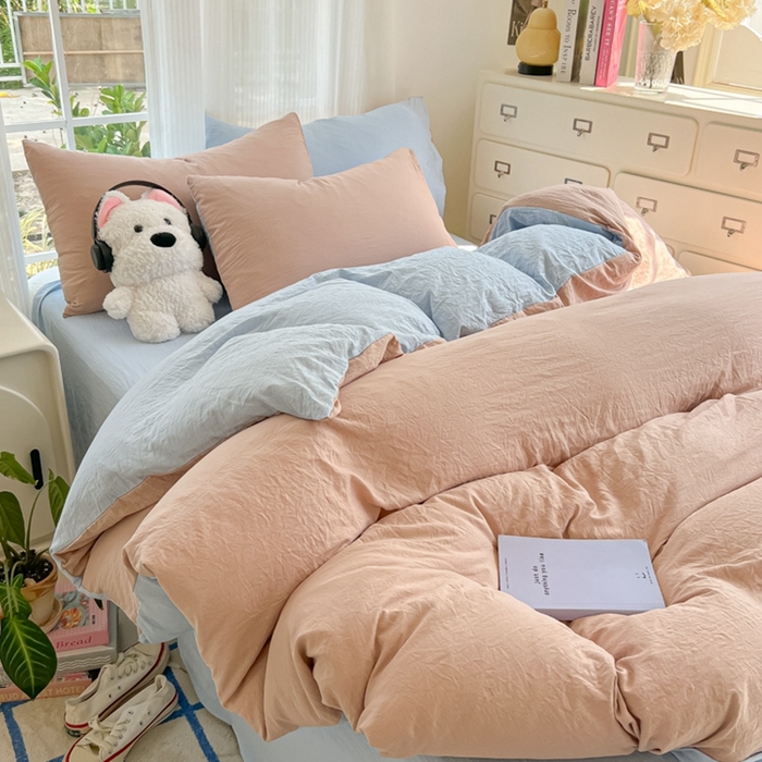 91家纺网 家纺一手货源 找家纺 韩巢家纺 2025新款ins风超柔水洗棉四件套-纯色双拼系列（提供卖家秀） 水洗棉咖蓝