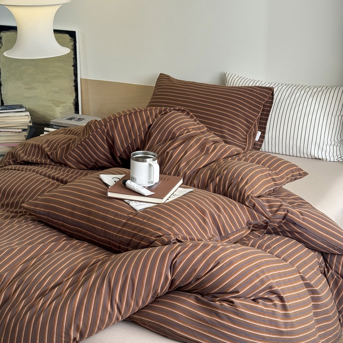 91家纺网 家纺一手货源 找家纺 （总）艾沁家纺 2025新款全棉复古色织水洗棉四件套-栗子巧克力