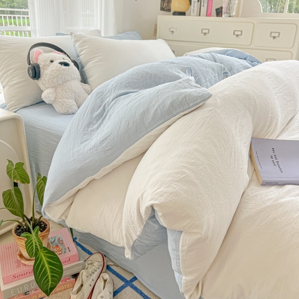 韩巢家纺 2025新款ins风超柔水洗棉四件套-纯色双拼系列（提供卖家秀） 水洗棉白蓝