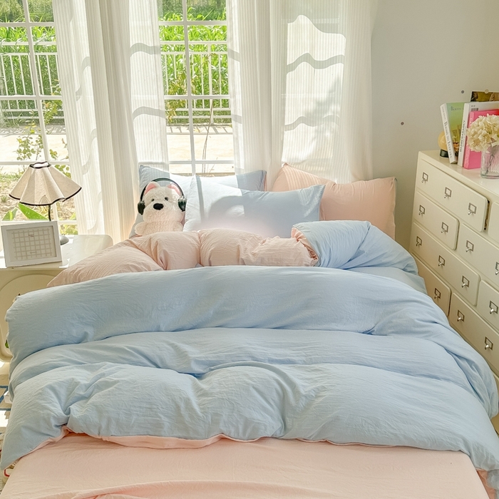 91家纺网 家纺一手货源 找家纺 韩巢家纺 2025新款ins风超柔水洗棉四件套-纯色双拼系列（提供卖家秀） 水洗棉蓝粉