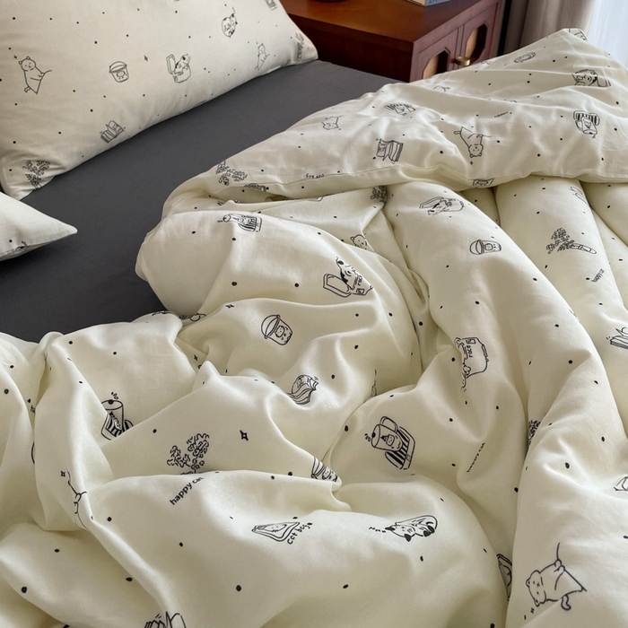 91家纺网 家纺一手货源 找家纺 仟网汇 2025新款有氧全棉双层纱四件套 幻想猫-黑