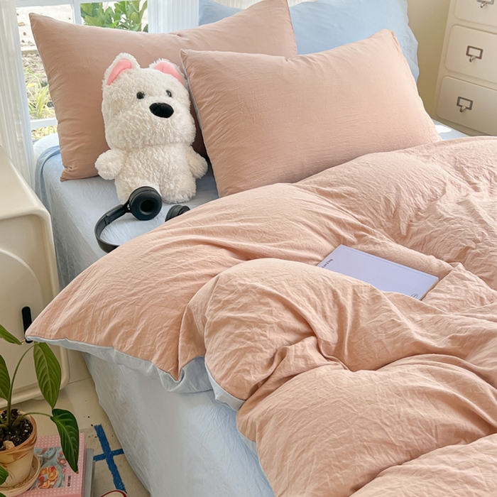 91家纺网 家纺一手货源 找家纺 韩巢家纺 2025新款ins风超柔水洗棉四件套-纯色双拼系列（提供卖家秀） 水洗棉咖蓝