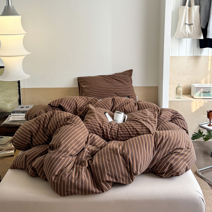 91家纺网 家纺一手货源 找家纺 （总）艾沁家纺 2025新款全棉复古色织水洗棉四件套-栗子巧克力