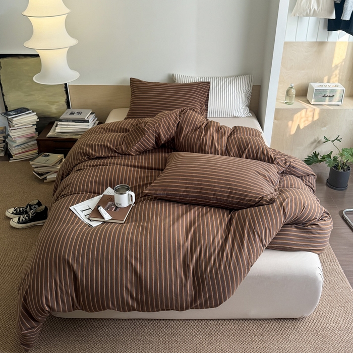 91家纺网 家纺一手货源 找家纺 （总）艾沁家纺 2025新款全棉复古色织水洗棉四件套-栗子巧克力