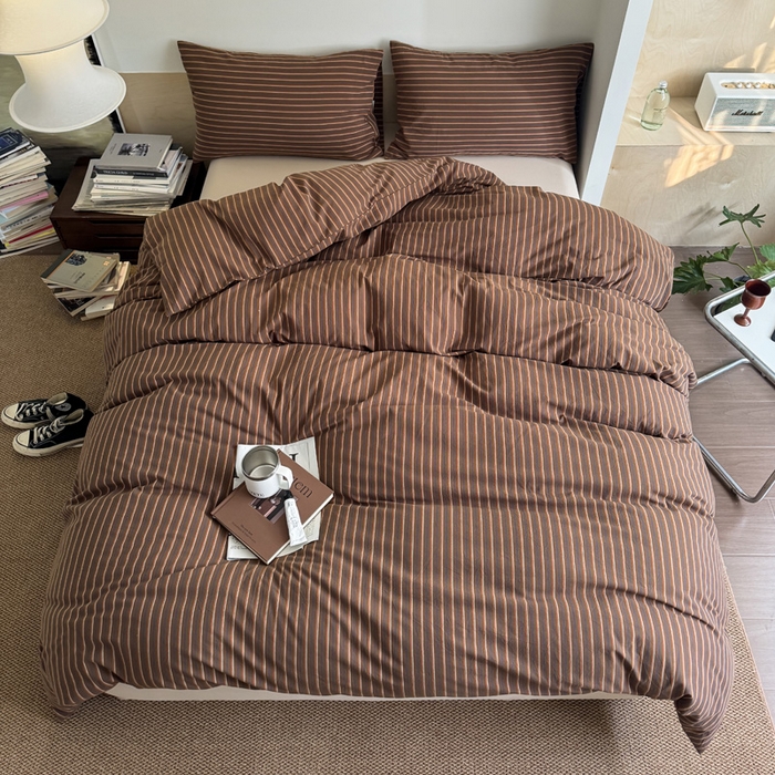 91家纺网 家纺一手货源 找家纺 （总）艾沁家纺 2025新款全棉复古色织水洗棉四件套-栗子巧克力