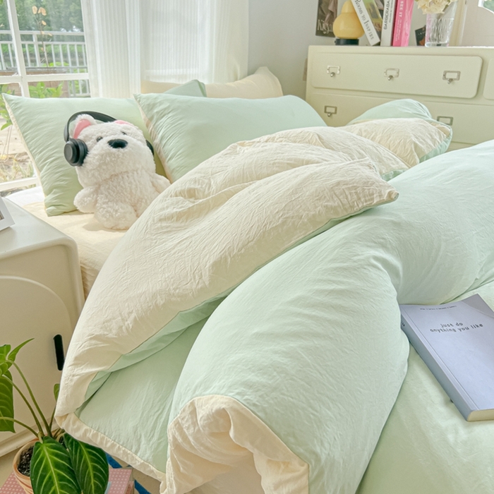 91家纺网 家纺一手货源 找家纺 （总）韩巢家纺 2025新款ins风超柔水洗棉四件套-纯色双拼系列（提供卖家秀）