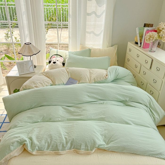 91家纺网 家纺一手货源 找家纺 （总）韩巢家纺 2025新款ins风超柔水洗棉四件套-纯色双拼系列（提供卖家秀）