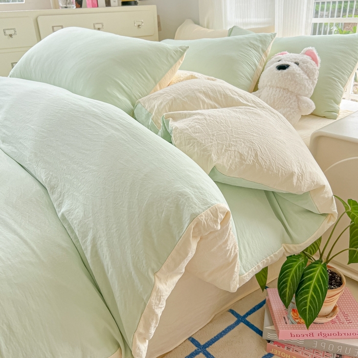 91家纺网 家纺一手货源 找家纺 （总）韩巢家纺 2025新款ins风超柔水洗棉四件套-纯色双拼系列（提供卖家秀）