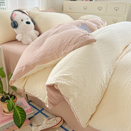 韩巢家纺 2025新款ins风超柔水洗棉四件套-纯色双拼系列（提供卖家秀） 水洗棉奶黄咖