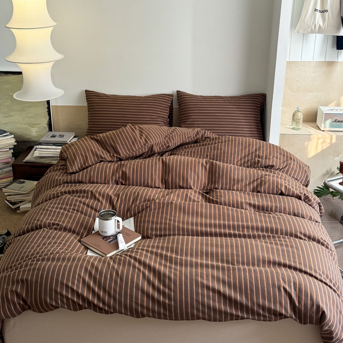 91家纺网 家纺一手货源 找家纺 （总）艾沁家纺 2025新款全棉复古色织水洗棉四件套-栗子巧克力