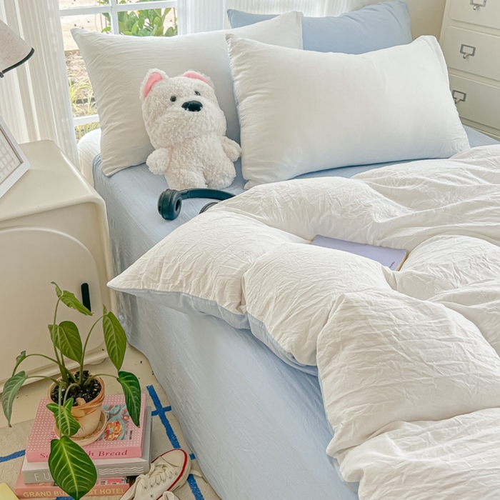 91家纺网 家纺一手货源 找家纺 韩巢家纺 2025新款ins风超柔水洗棉四件套-纯色双拼系列（提供卖家秀） 水洗棉白蓝