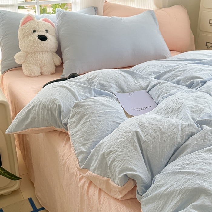 91家纺网 家纺一手货源 找家纺 韩巢家纺 2025新款ins风超柔水洗棉四件套-纯色双拼系列（提供卖家秀） 水洗棉蓝粉