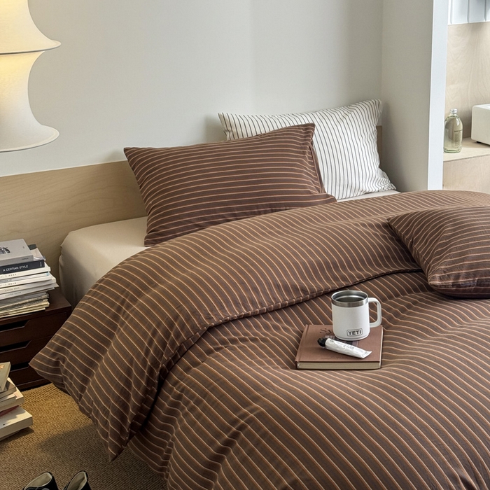 91家纺网 家纺一手货源 找家纺 （总）艾沁家纺 2025新款全棉复古色织水洗棉四件套-栗子巧克力