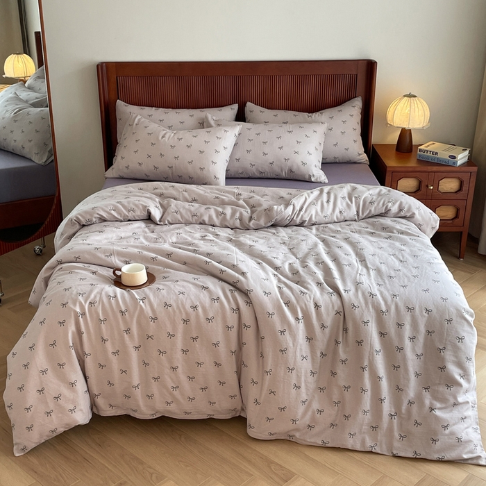 91家纺网 家纺一手货源 找家纺 仟网汇 2025新款有氧全棉双层纱四件套 蝴蝶可颂-紫