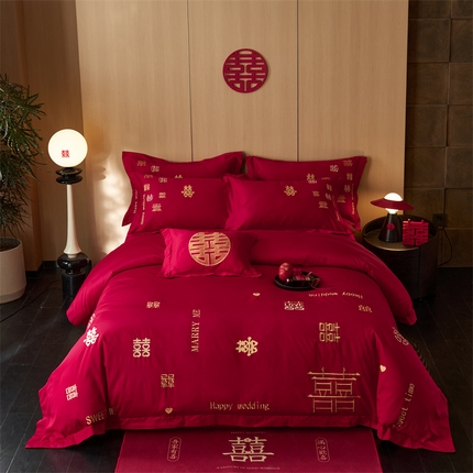 91家纺网 家纺一手货源 找家纺 （总）红番天 2025新款全棉提花全棉纯棉时尚婚庆四件套（控价不低于300）
