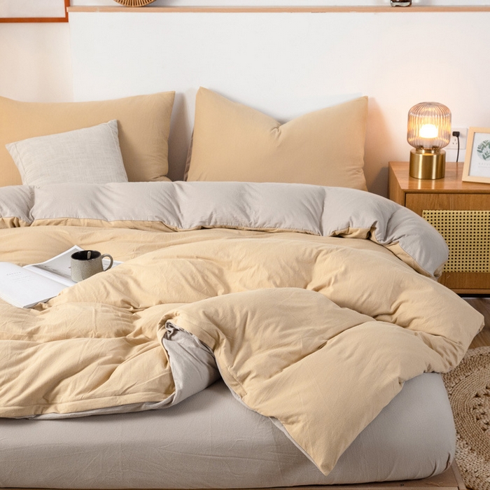 91家纺网 家纺一手货源 找家纺 （总）良品汇馆 2025新款【天竺棉拼色四件套】日式无印纯色针织棉四件套良品双拼天竺棉床品套件柔软针织件套