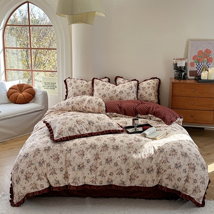 麦伦家居 2025新款多功能床品全棉A类有氧双层纱+豆豆绒四件套荷叶边系列 花棠