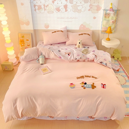 茉礼 2025新款云朵棉毛巾绣印花四件套 腊肠狗