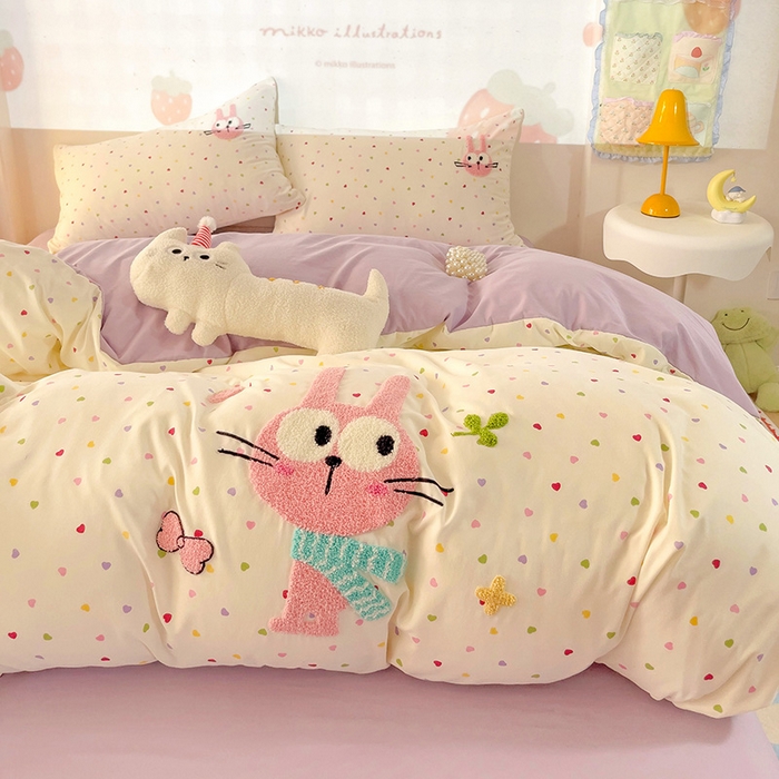 91家纺网 家纺一手货源 找家纺 茉礼 2025新款云朵棉毛巾绣印花四件套 大眼萌兔