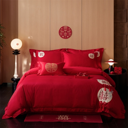 91家纺网 家纺一手货源 找家纺 （总）红番天 2025新款全棉提花全棉纯棉时尚婚庆四件套（控价不低于300）