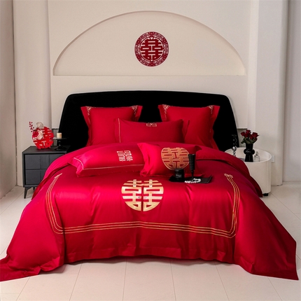 91家纺网 家纺一手货源 找家纺 （总）红番天 2025新款全棉提花全棉纯棉时尚婚庆四件套（控价不低于300）
