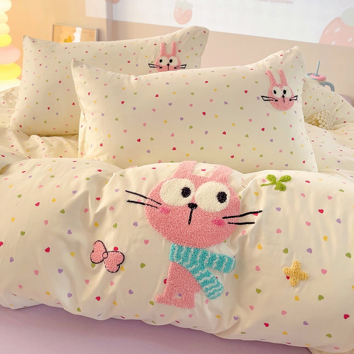 91家纺网 家纺一手货源 找家纺 茉礼 2025新款云朵棉毛巾绣印花四件套 大眼萌兔