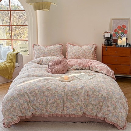 91家纺网 家纺一手货源 找家纺 麦伦家居 2025新款多功能床品全棉A类有氧双层纱+豆豆绒四件套荷叶边系列 莫奈花园