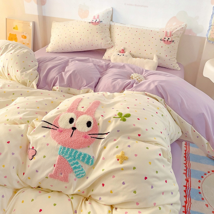 91家纺网 家纺一手货源 找家纺 茉礼 2025新款云朵棉毛巾绣印花四件套 大眼萌兔