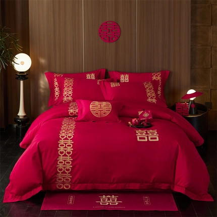 91家纺网 家纺一手货源 找家纺 （总）红番天 2025新款全棉提花全棉纯棉时尚婚庆四件套（控价不低于300）