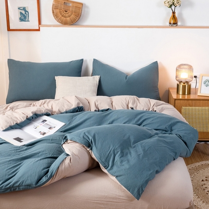 91家纺网 家纺一手货源 找家纺 （总）良品汇馆 2025新款【天竺棉拼色四件套】日式无印纯色针织棉四件套良品双拼天竺棉床品套件柔软针织件套