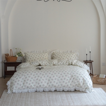 91家纺网 家纺一手货源 找家纺 尺素 2025年小碎花纯棉花边四件套全棉田园风荷叶边被套纯棉床单棉法式套件1.8纯色床笠套件 山茶芝士奶黄（花边款）