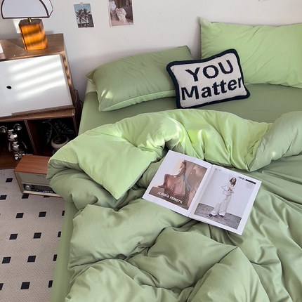 维娜斯家纺 2025新款水洗棉纯色双拼四件套亲肤柔单人被套床单学生三件套 薄荷绿+松绿