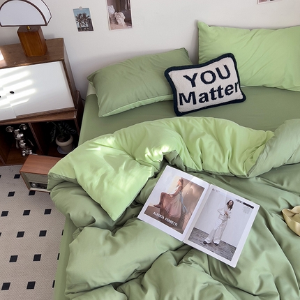 91家纺网 家纺一手货源 找家纺 维娜斯家纺 2025新款水洗棉纯色双拼四件套亲肤柔单人被套床单学生三件套 薄荷绿+松绿