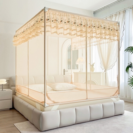 艺利轩蚊帐 2025新款床笠式大空间防摔坐床蚊帐-紫荆花 蜜杏色