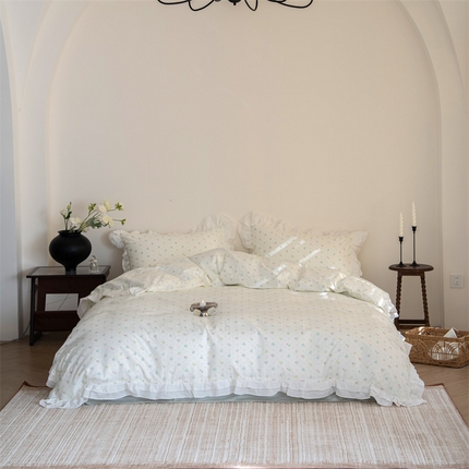 91家纺网 家纺一手货源 找家纺 尺素 2025年小碎花纯棉花边四件套全棉田园风荷叶边被套纯棉床单棉法式套件1.8纯色床笠套件 花西子冰沙绿（花边款）