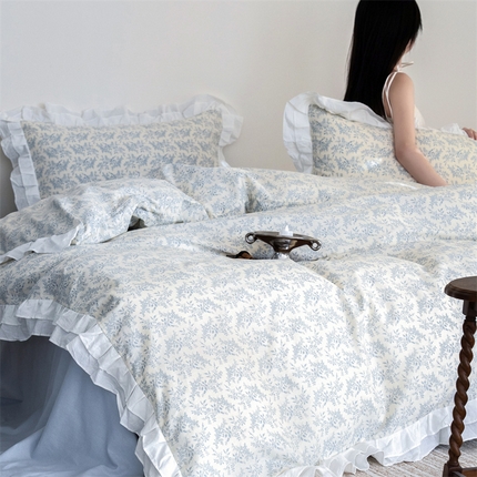 尺素 2025年小碎花纯棉花边四件套全棉田园风荷叶边被套纯棉床单棉法式套件1.8纯色床笠套件 散文诗浅蓝（花边款）