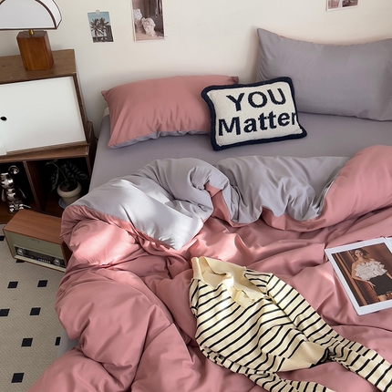 维娜斯家纺 2025新款水洗棉纯色双拼四件套亲肤柔单人被套床单学生三件套 藕色+烟灰