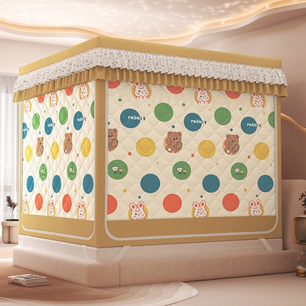 2025新款2507印花夹棉遮光保暖坐床蚊帐 多巴胺色