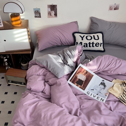 91家纺网 家纺一手货源 找家纺 维娜斯家纺 2025新款水洗棉纯色双拼四件套亲肤柔单人被套床单学生三件套 豆沙+浅灰