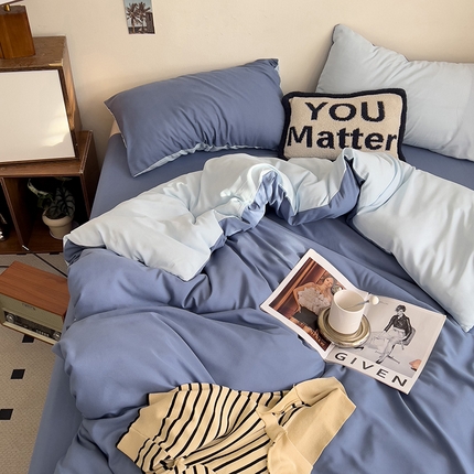 91家纺网 家纺一手货源 找家纺 维娜斯家纺 2025新款水洗棉纯色双拼四件套亲肤柔单人被套床单学生三件套 海蓝+牛仔蓝